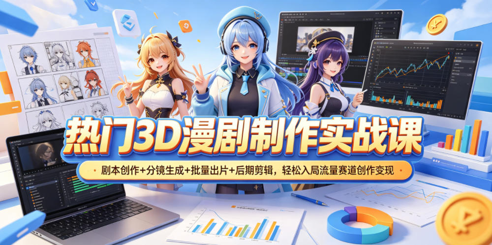 热门3D漫剧制作实战课，剧本创作+分镜生成+批量出片+后期剪辑，轻松入局流量赛道创作变现-巅峰研习社