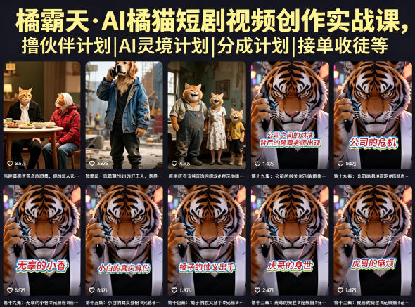 橘霸天·AI橘猫短剧视频创作实战课，撸伙伴计划|AI灵境计划|分成计划|接单收徒等-巅峰研习社
