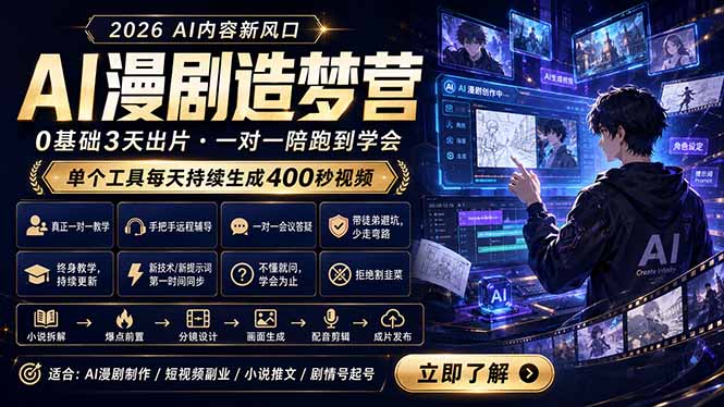AI漫剧造梦营：0基础3天出片，单个工具每天持续生成400秒视频-巅峰研习社