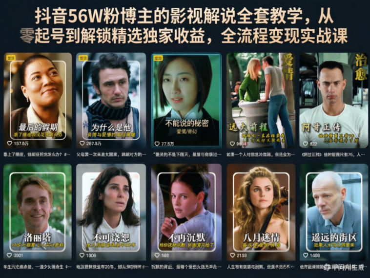 抖音56W粉博主的影视解说全套教学，从零起号到解锁精选独家收益，全流程变现实战课-巅峰研习社