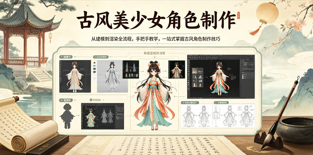 古风美少女角色制作，从建模到渲染全流程，手把手教学，一站式掌握古风角色制作技巧-巅峰研习社