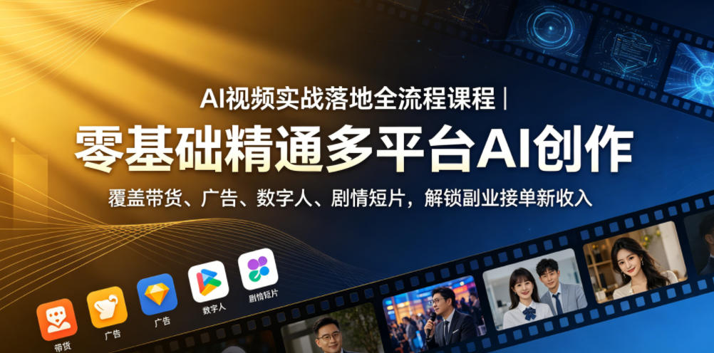 AI视频实战落地全流程课程｜零基础精通多平台AI创作，覆盖带货、广告、数字人、剧情短片，解锁副业接单新收入-巅峰研习社