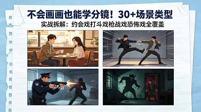 不会画画也能学分镜!30+场景类型实战拆解:约会戏打斗戏枪战戏恐怖戏全覆盖-巅峰研习社