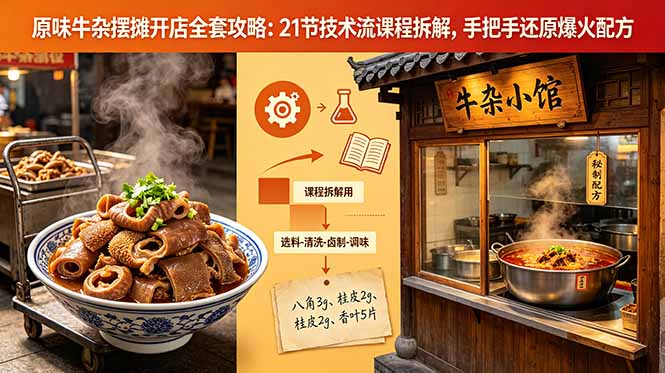 原味牛杂摆摊开店全套攻略:21节技术流课程拆解,手把手还原爆火配方-巅峰研习社