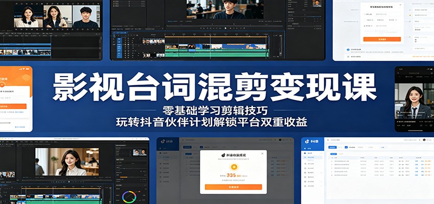 影视台词混剪变现课：零基础学习剪辑技巧，玩转抖音伙伴计划解锁平台双重收益-巅峰研习社