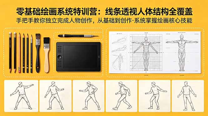 零基础绘画系统特训营:线条透视人体结构全覆盖,手把手教你独立完成人物创作-巅峰研习社