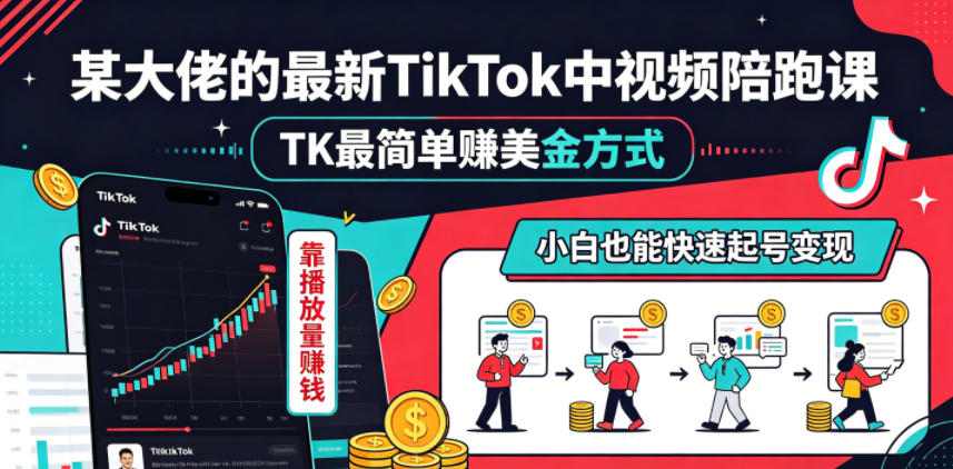 某大佬的最新TikTok中视频陪跑课,TK最简单賺美金方式,靠播放量賺钱,小白也能快速起号变现-巅峰研习社