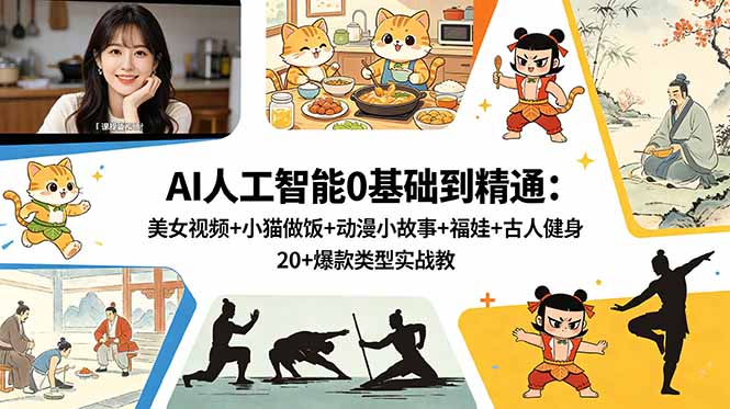 AI人工智能0基础到精通：美女视频+小猫做饭+动漫小故事+福娃+古人健身，20+爆款类型实战教学-巅峰研习社