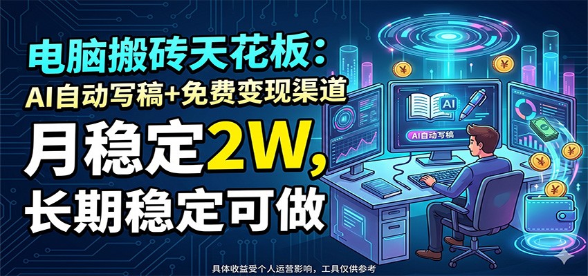 电脑搬砖天花板：AI自动写稿+免费变现渠道，月稳定2W，长期稳定可做-巅峰研习社