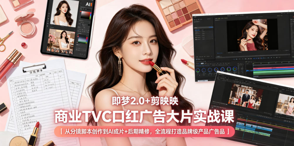 即梦2.0+剪映商业TVC口红广告大片实战课｜从分镜脚本创作到AI成片+后期精修，全流程打造品牌级产品广告-巅峰研习社