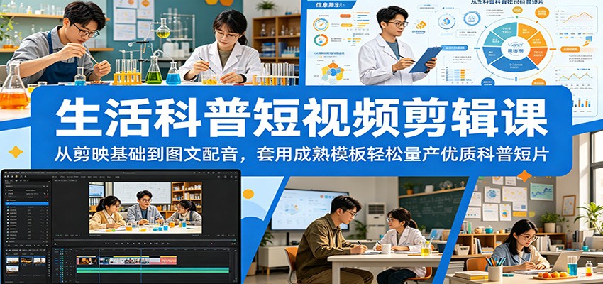生活科普短视频剪辑课:从剪映基础到图文配音,套用成熟模板轻松量产优质科普短片-巅峰研习社