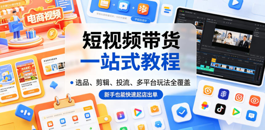 短视频带货一站式教程，选品、剪辑、投流、多平台玩法全覆盖，新手也能快速起店出单-巅峰研习社