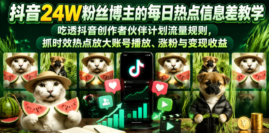 抖音24W粉丝博主的每日热点信息差教学,吃透创作者伙伴计划流量规则,抓时效热点放大账号播放、涨粉与变现收益-巅峰研习社