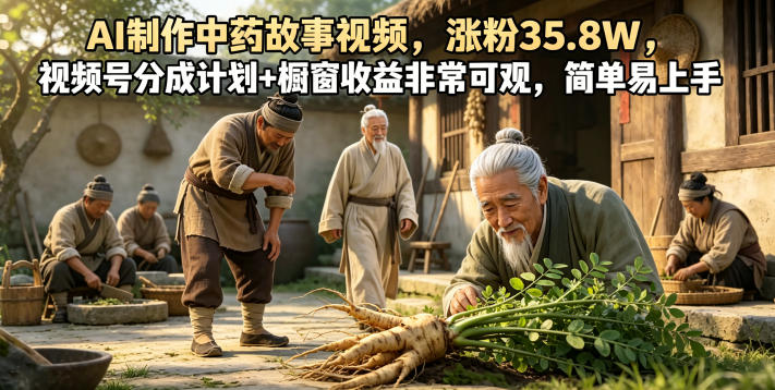 AI制作中药故事视频，涨粉35.8W，视频号分成计划+橱窗收益非常可观，简单易上手-巅峰研习社