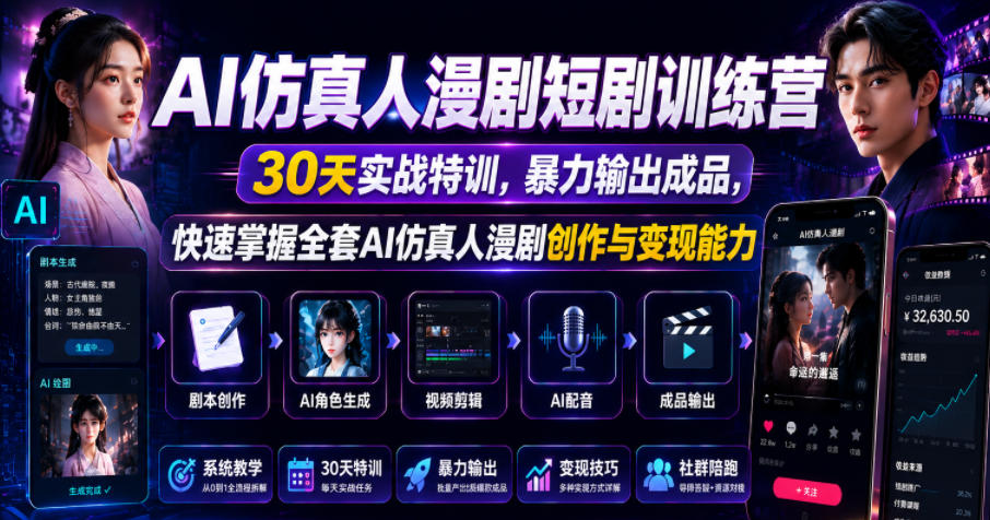 AI仿真人漫剧短剧训练营,30天实战特训,暴力输出成品,快速掌握全套AI仿真人漫剧创作与变现能力-巅峰研习社