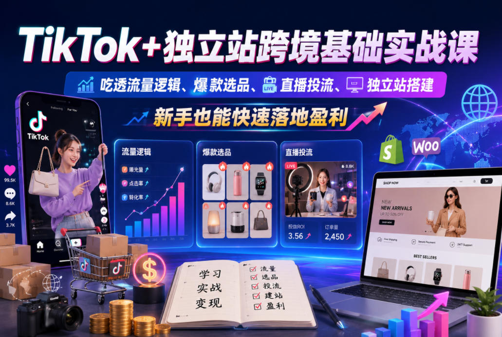 TikTok+独立站跨境基础实战课,吃透流量逻辑、爆款选品、直播投流与独立站搭建,新手也能快速落地盈利-巅峰研习社