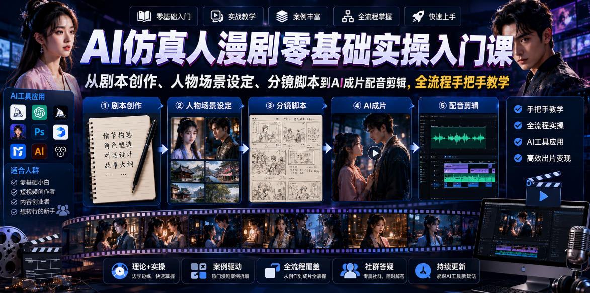 AI仿真人漫剧零基础实操入门课，从剧本创作、人物场景设定、分镜脚本到AI成片配音剪辑，全流程手把手教学-巅峰研习社
