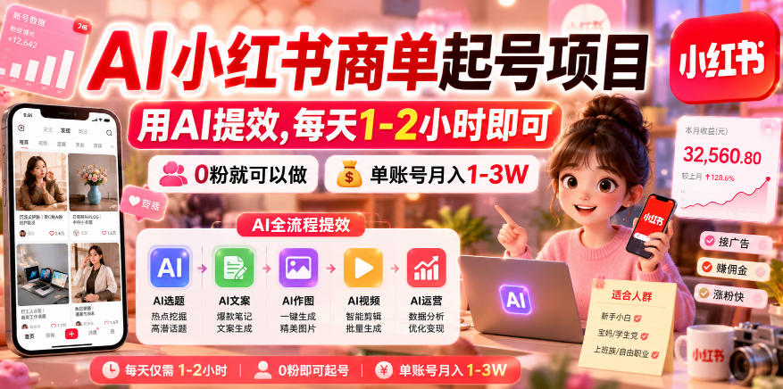 AI小红书商单起号项目,用AI提效,每天1-2小时即可,0粉就可以做,单账号月入1-3W-巅峰研习社