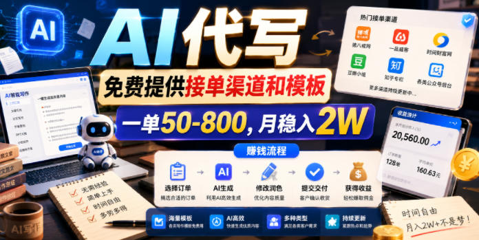 AI代写，免费提供接单渠道和模板，一单50-800，月稳入2W【揭秘】-巅峰研习社