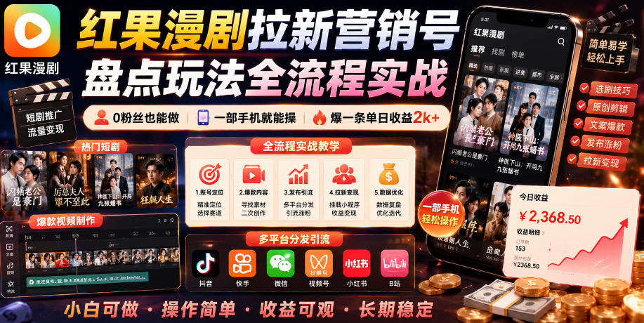 红果漫剧拉新营销号盘点玩法全流程实战，0粉丝也能做，一部手机就能做，爆一条单日收益2k+-巅峰研习社