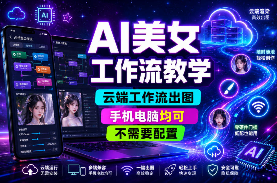 AI美女工作流教学，云端工作流出图，手机电脑均可，不需要配置，快速起号涨粉-巅峰研习社