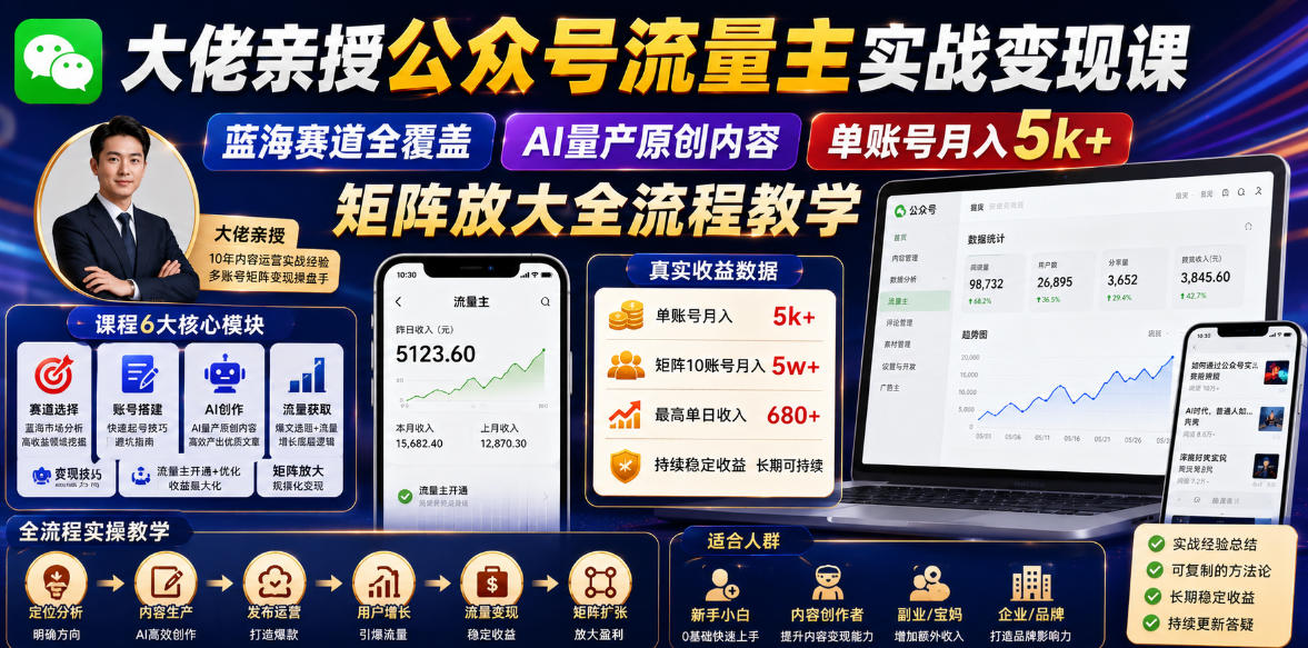 大佬亲授公众号流量主实战变现课，蓝海赛道全覆盖，AI量产原创内容，单账号月入5k+矩阵放大全流程教学-巅峰研习社