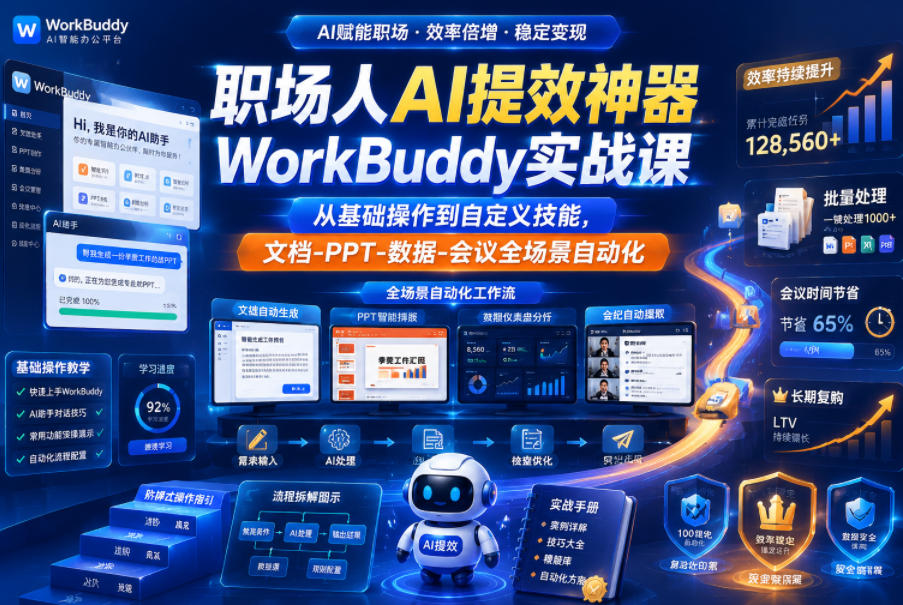 职场人AI提效神器WorkBuddy实战课,从基础操作到自定义技能,文档-PPT-数据-会议全场景自动化-巅峰研习社
