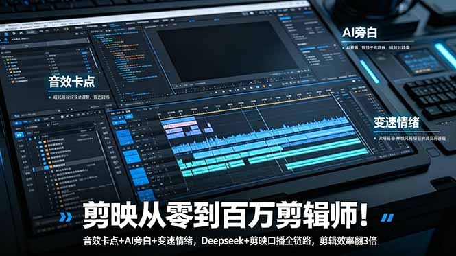 剪映从零到百万剪辑师!音效卡点+AI旁白+变速情绪,Deepseek+剪映口播全链路,剪辑效率翻3倍-巅峰研习社