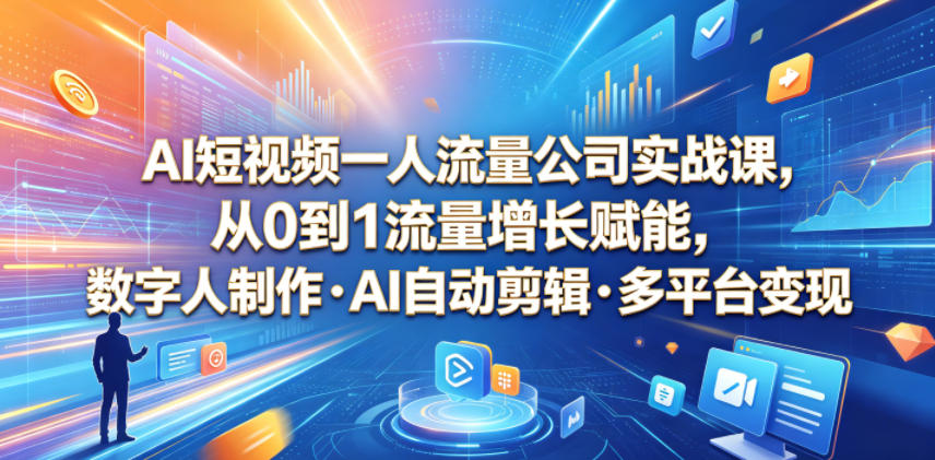 AI短视频一人流量公司实战课,从0到1流量增长赋能,数字人制作・AI自动剪辑・多平台变现,一人做流量生意全落地教程-巅峰研习社