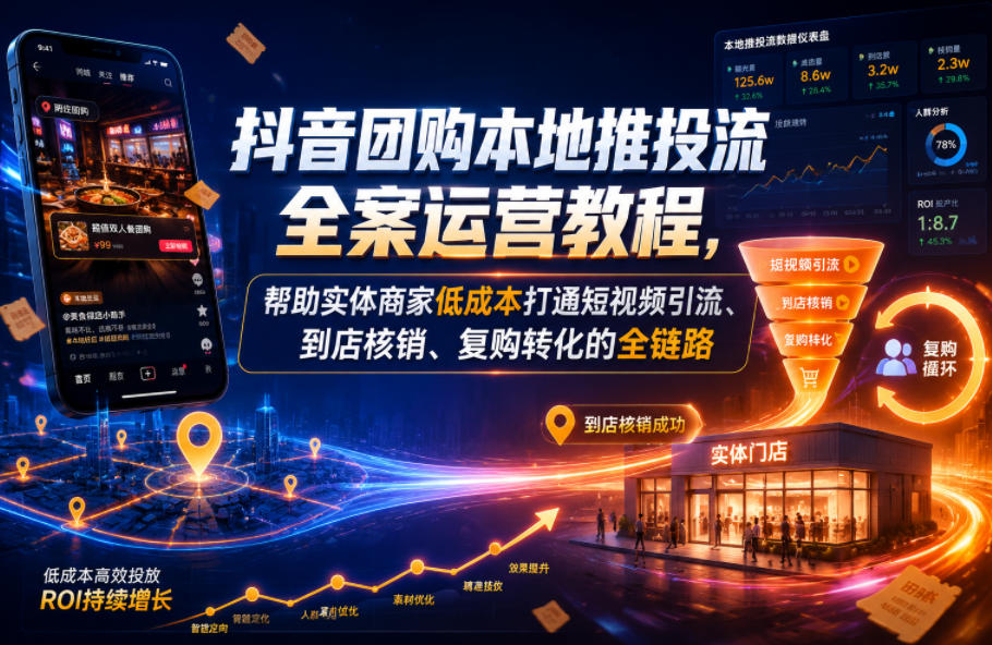 抖音团购本地推投流全案运营教程，帮助实体商家低成本打通短视频引流、到店核销、复购转化的全链路-巅峰研习社
