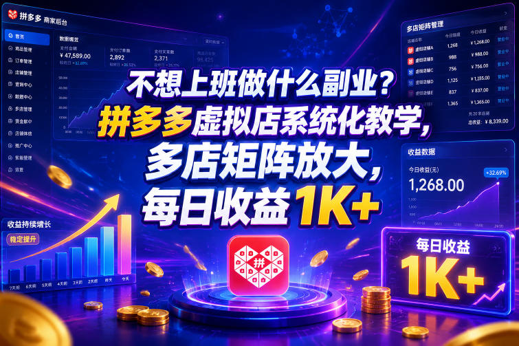 不想上班做什么副业？拼多多虚拟店系统化教学，多店矩阵放大，每日收益1K+【揭秘】-巅峰研习社