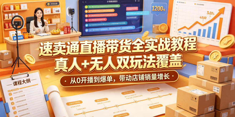 速卖通直播带货全实战教程，真人+无人双玩法覆盖，从0开播到爆单，带动店铺销量增长-巅峰研习社