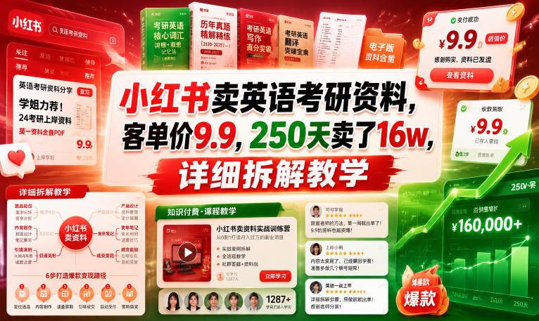 小红书卖英语考研资料，客单价9.9，250天卖了16w，详细拆解教学-巅峰研习社