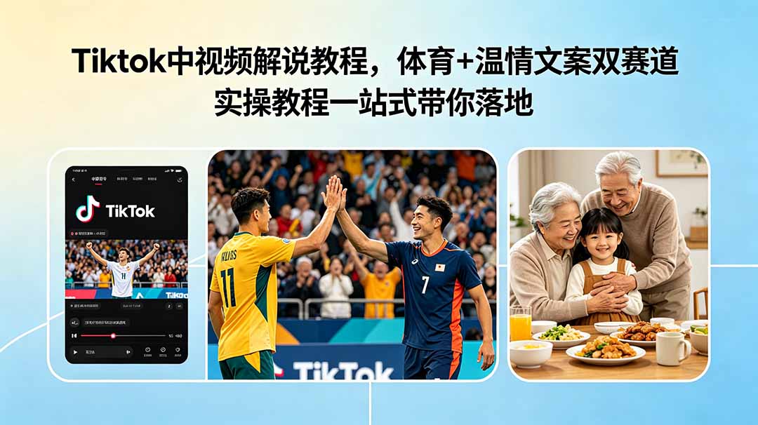 Tiktok中视频解说教程，体育+温情文案双赛道实操教程一站式带你落地-巅峰研习社
