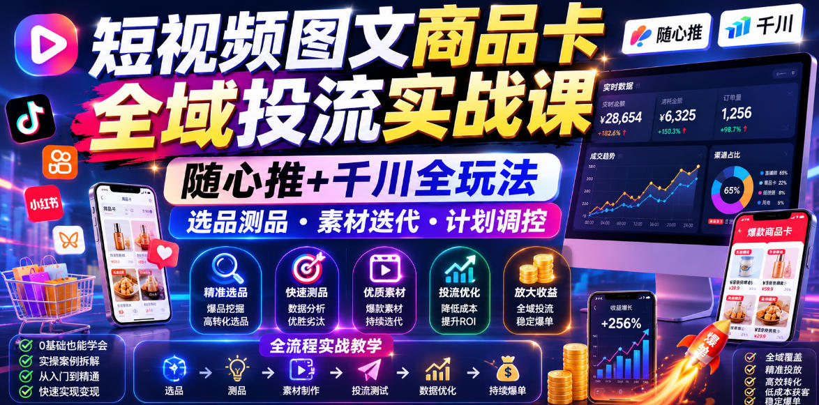短视频图文商品卡全域投流实战课，随心推+千川全玩法，选品测品・素材迭代・计划调控，提升ROI爆单增收教程-巅峰研习社