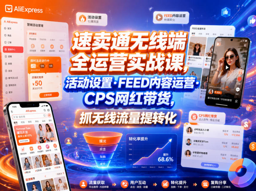 速卖通无线端全运营实战课，活动设置・FEED内容运营・CPS网红带货，抓无线流量提转化-巅峰研习社