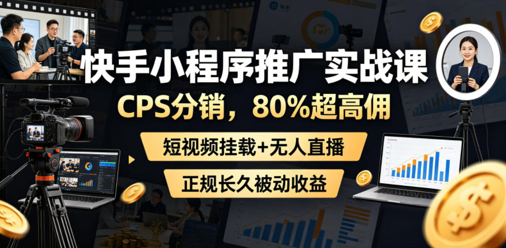 快手小程序推广实战课,CPS分销,80%超高佣,短视频挂载+无人直播,正规长久被动收益-巅峰研习社
