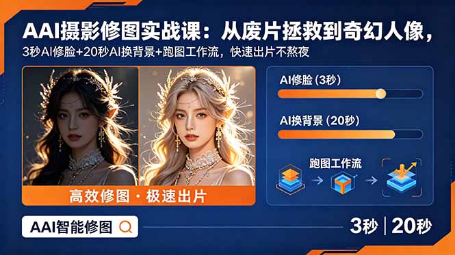 AI摄影修图实战课：从废片拯救 到 奇幻人像，3秒AI修脸+20秒AI换背景+跑图工作流，快速出片不熬夜-巅峰研习社