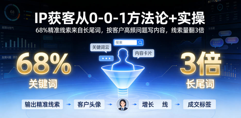 IP获客从0-1方法论+实操,68%精准线索来自长尾词,按客户高频问题写内容,线索量翻3倍-巅峰研习社