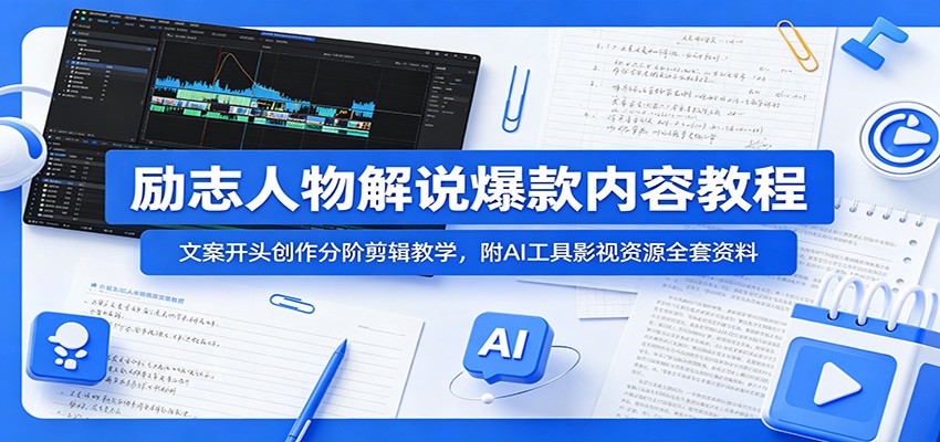 励志人物解说爆款内容教程:文案开头创作分阶剪辑教学,附AI 工具影视资源全套资料-巅峰研习社