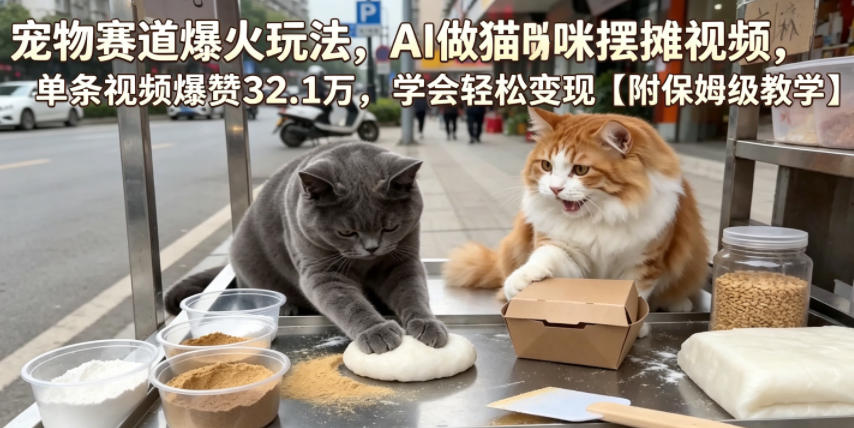 宠物赛道爆火玩法,AI做猫咪摆摊视频,单条视频爆赞32.1万,学会轻松变现【附保姆级教学】-巅峰研习社