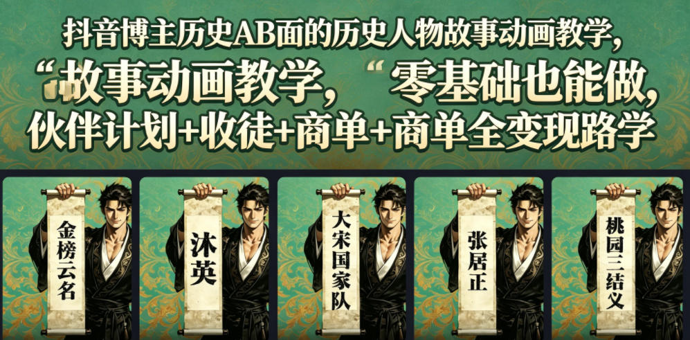 抖音博主历史AB面的历史人物故事动画教学,零基础也能做,伙伴计划+收徒+商单全变现路径教学-巅峰研习社