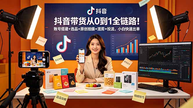 抖音带货从0到1全链路!账号搭建+选品+原创拍摄+混剪+投流,小白快速出单-巅峰研习社