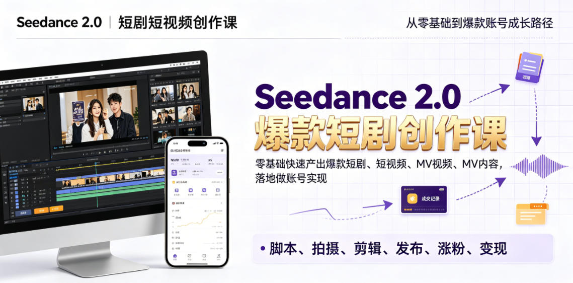 Seedance 2.0短剧短视频创作课,零基础快速产出爆款短剧、短视频、MV内容,落地做账号实现变现-巅峰研习社