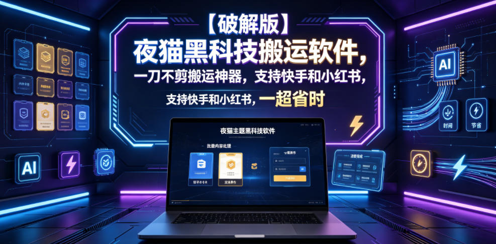 【破解版】夜猫黑科技搬运软件,一刀不剪搬运神器,支持快手和小红书,一键搬运超省时!-巅峰研习社