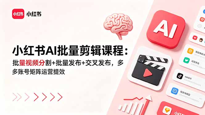 小红书AI批量剪辑课程:批量视频分割+批量发布+交叉发布,多账号矩阵运营提效-巅峰研习社