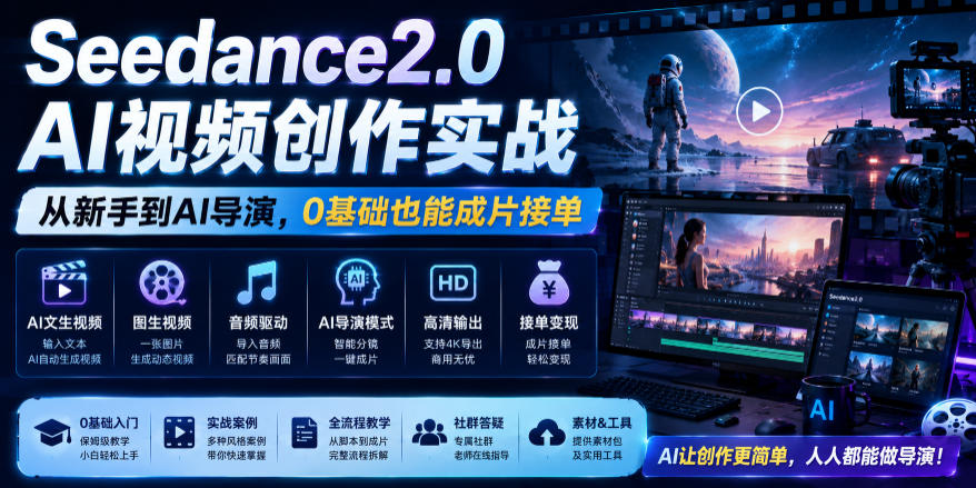 Seedance2.0 AI视频创作实战，从新手到AI导演，0基础也能成片接单变现-巅峰研习社