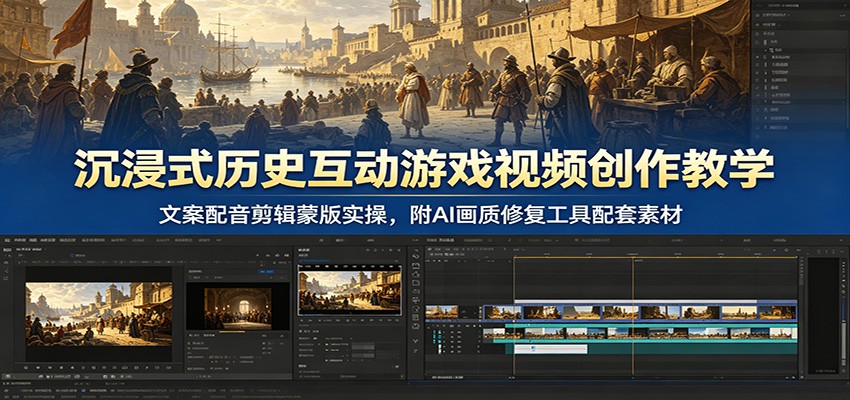 沉浸式历史互动游戏视频创作教学：文案配音剪辑蒙版实操，附AI画质修复工具配套素材-巅峰研习社