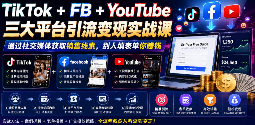 TikTok+FB+YouTube三大平台引流变现实战课,通过社交媒体获取销售线索,别人填表单你賺钱【原创双语字幕】-巅峰研习社