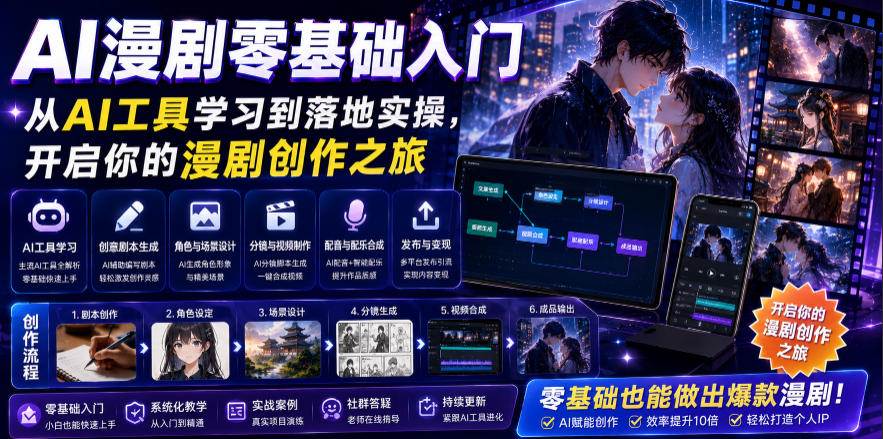 AI漫剧零基础入门,从AI工具学习到落地实操,开启你的漫剧创作之旅-巅峰研习社